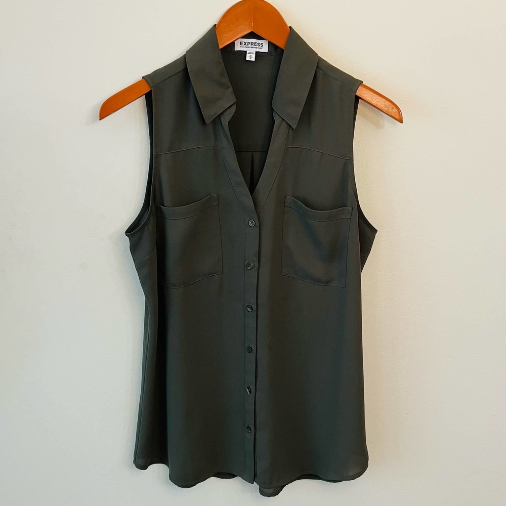 Express M Portofino Sleeveless Top Button Down Olive Army Green Collar Shirt